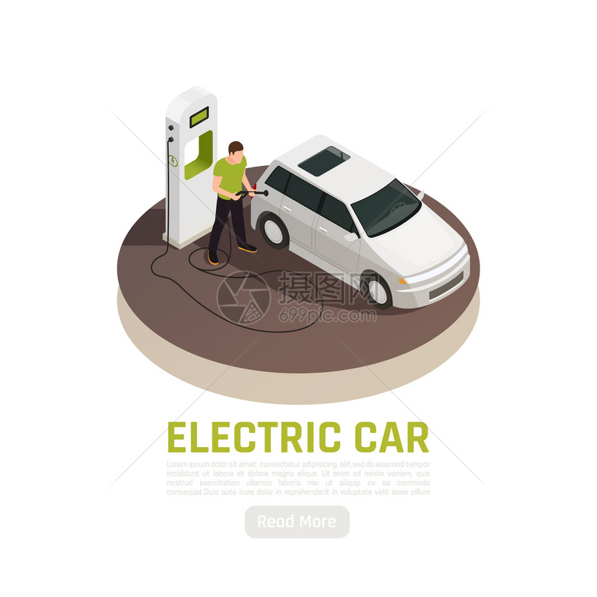 绿色能源生态等距背景与电动汽车充电站可编辑文本阅读更多按钮矢量插图图片