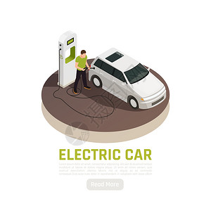 智能手机充电绿色能源生态等距背景与电动汽车充电站可编辑文本阅读更多按钮矢量插图插画