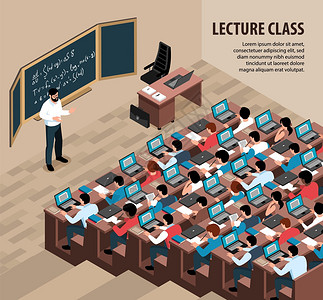 演讲家素材等距讲座课程背景,室内风景教授黑板前,学生用笔记本电脑矢量插图插画