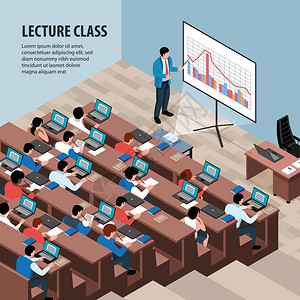 学术演讲等距教授讲座课程背景,可编辑文本教室的室内视图,桌行矢量插图插画