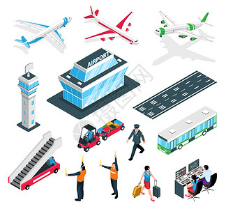 机场图标等距机场隔离图标的交通控制设备,航站楼控制器队成员矢量插图插画