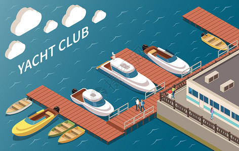 豪华游艇俱乐部帆船摩托艇系泊设施建筑角海景等距构图矢量插图图片