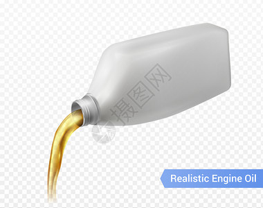 发动机油广告透明背景与汽车润滑剂溢出白色塑料瓶现实矢量插图插画