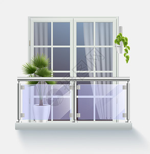 阳台窗帘现代建筑的窗户与阳台围栏与透明璃现实矢量插图插画