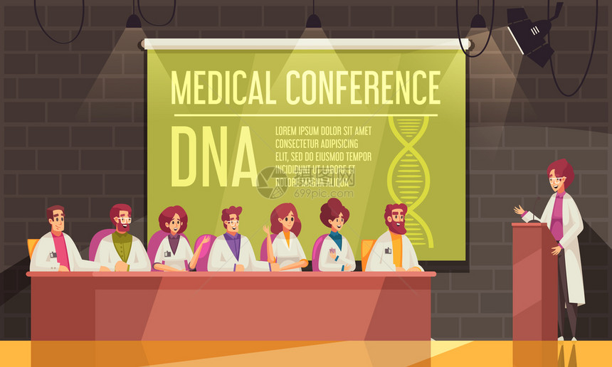 彩色医疗会议横幅与发言者与会者会议室矢量插图图片
