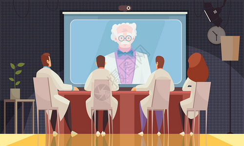会议电视彩色医疗会议成与三名科学家医生听演讲者线矢量插图插画