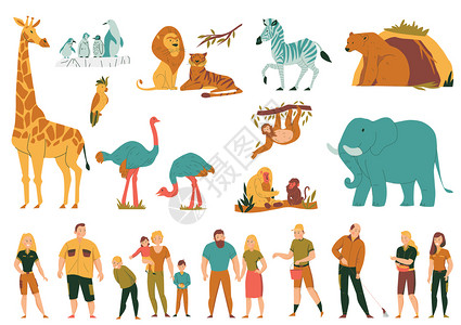 平彩色与野生动物,鸟类游客与儿童动物园矢量插图图片