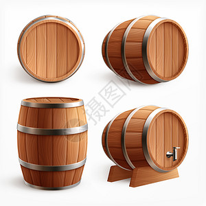 啤酒桶木桶写实与四个图像橡木桶与木材身体水龙头矢量插图插画