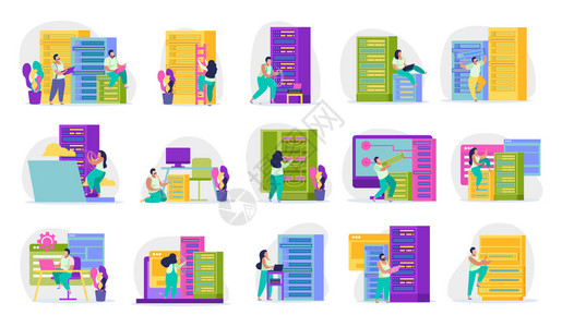 彩色图标与系统管理员工作的服务器房间隔离白色背景矢量插图插画