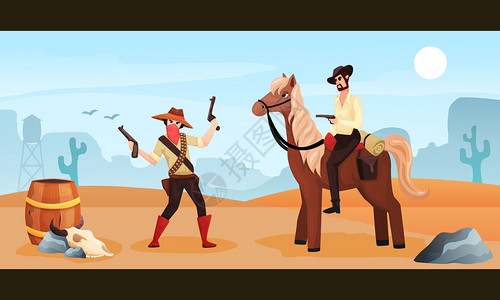 美国四分之一马狂野西部彩色卡通海报与牛仔骑马会议与歹徒持两矢量插图插画