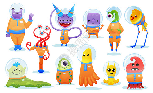 彩色卡通集可爱的怪物外星生物为儿童游戏矢量插图背景图片
