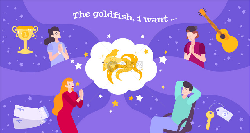 金鱼梦平构图与思想泡泡金鱼涂鸦人类人物与他们的愿望矢量插图图片