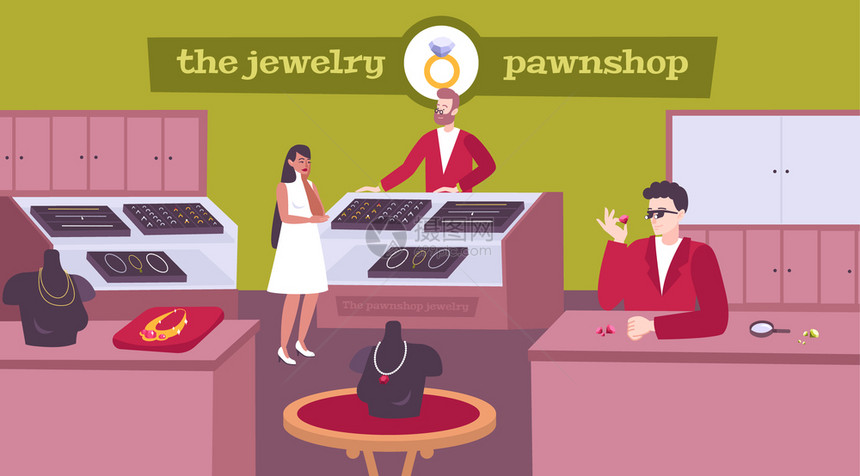 珠宝当铺内部平构成与女士客户选择项链当铺定价宝石戒指矢量插图图片