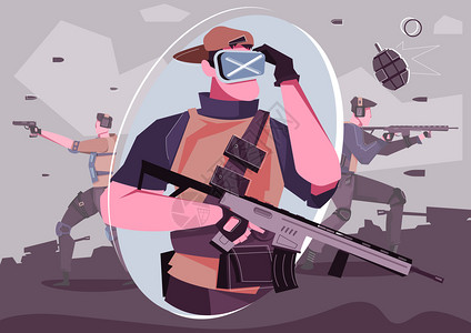 虚拟现实战争游戏平构图与男玩家佩戴增强现实眼镜持矢量插图图片