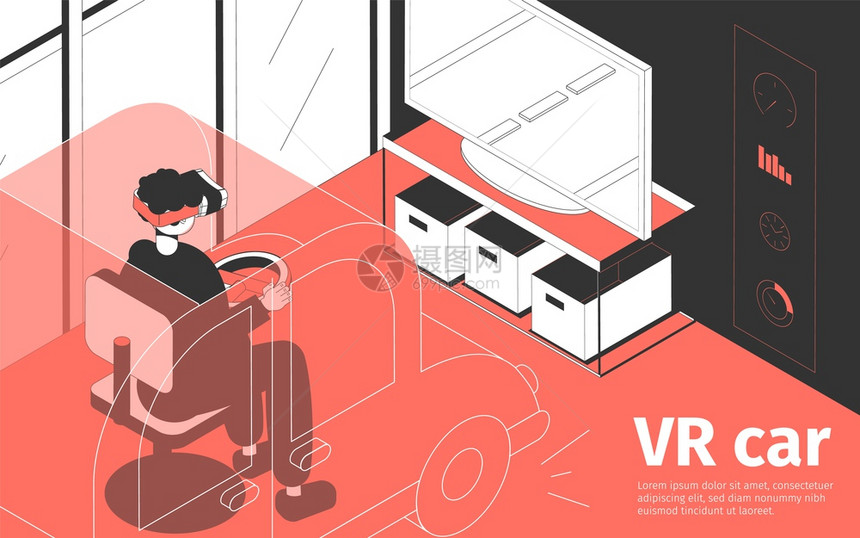 等距背景与人戴VR眼镜驾驶汽车电子游戏三维矢量插图图片