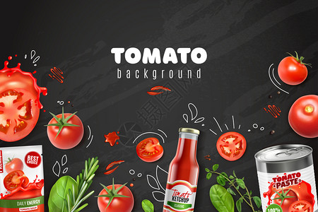 菠菜和西红柿现实的番茄黑板背景与素描风格的图像绘制旁边的蔬菜糊汁番茄酱矢量插图插画