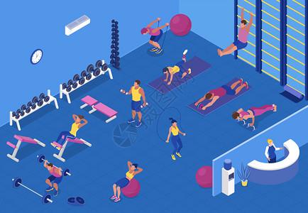 健身会馆宣传单等距背景与人们氧体重训练与健身设备健身房三维矢量插图插画