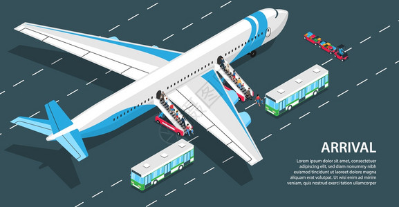 客机海报达机场的乘客下飞机楼梯三维等距水平矢量图插画