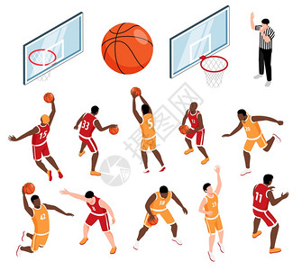 裁判员等距图标篮球运动员球篮裁判三维孤立矢量插图插画