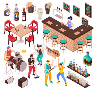 咖啡馆免抠元素音乐酒吧等距家具为咖啡馆,饮料,音乐家,乐队舞蹈客人矢量插图插画