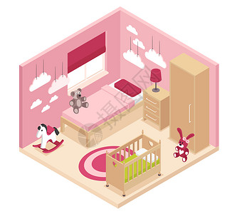 宝贝小床用品海报舒适的玫瑰儿童房间等距内部与衣柜床头柜附近的婴儿床双层床矢量插图插画