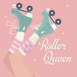 复古鞋女素材手绘插图与女腿管袜复古溜冰鞋彩色矢量插图插画