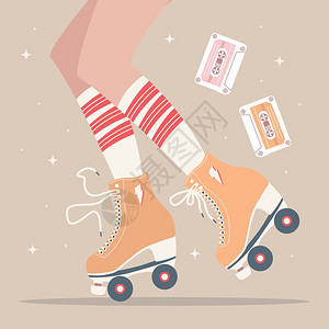 秋冬女袜手绘插图与女腿管袜复古溜冰鞋彩色矢量插图插画