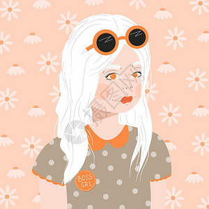 个轻女孩的肖像,白发太阳镜,点缀衬衫,粉红色背景与雏菊,平矢量插图图片