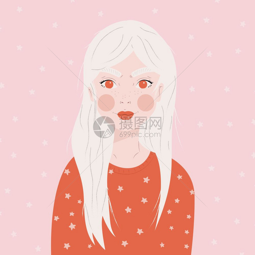 位留着白色长发的女孩的肖像,穿着红色毛衣,粉红色背景上白色星星,平矢量插图图片