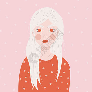 位留着白色长发的女孩的肖像,穿着红色毛衣,粉红色背景上白色星星,平矢量插图图片