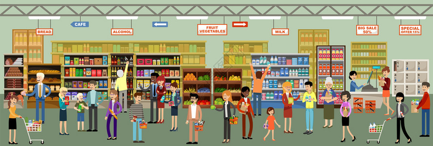 超市购物女人超市内部与人矢量插图插画