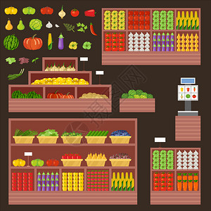 蔬菜水果店家具柜台,橱窗矢量插图插画