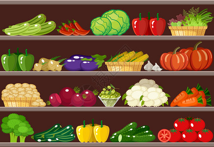 璃陈列柜柜台上蔬菜超市矢量插图插画
