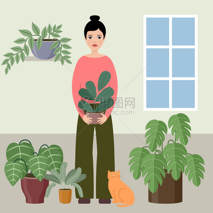 女人着植物矢量插图图片