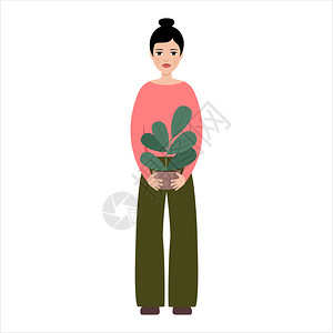 轻女子拥种家庭植物矢量插图图片