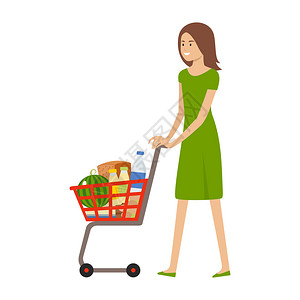 女人购物车产品健康食品超市手推车矢量插图图片