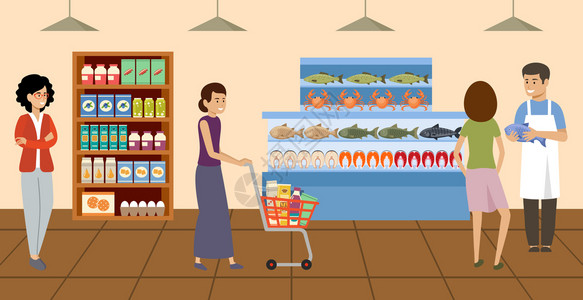 产品柜超市人们杂货店选择购买产品鱼柜矢量平插图插画