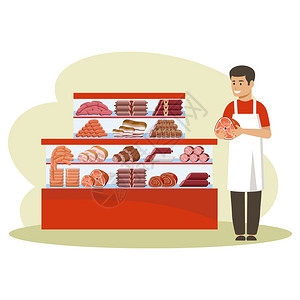 购买肉类产品柜台卖家着火腿矢量平插图图片