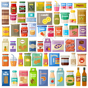 酸奶果酱白色背景上的产品杂货店美食学罐头食品,果汁,果酱,饼干矢量平插图插画