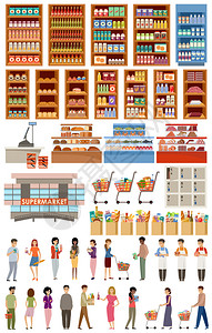 超市大商店集蔬菜,水果,鱼,肉,乳制品,人矢量平插图图片