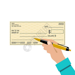 签署张银行支票手中的钢笔矢量插图背景图片