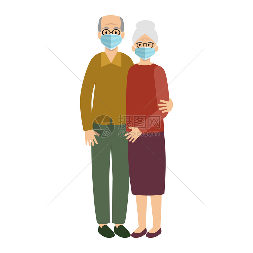 戴着保护医疗具的老夫妇奶奶,爷爷流行病病矢量平插图图片