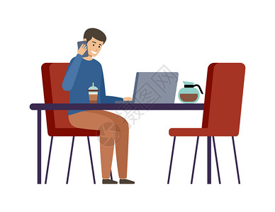 男人正喝咖啡打电话自由职业者咖啡馆工作矢量平插图图片