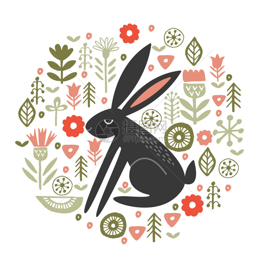 野兔嫩嫩的春花中圆形花卉装饰矢量插图趣的黑色兔子个圆形的花卉图案白色背景上的矢量插图图片
