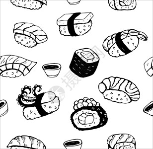 酱爆银丝鱿鱼卷日本寿司无缝黑白图案同类型的寿司矢量插图手绘日本寿司无缝黑白图案矢量插图手绘插画