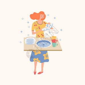 清理厨房家庭作业个穿着五颜六色衣服的开朗女孩洗碗光背景上的矢量插图家庭作业个女孩洗盘子矢量插图插画