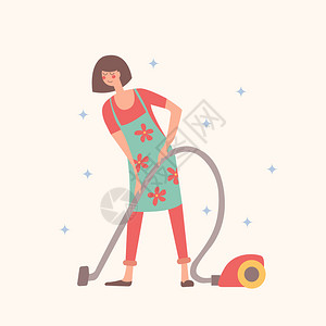 干净素雅美女女孩吸尘器家务,打扫房子光背景上的矢量插图女孩真空光背景上的矢量插图插画