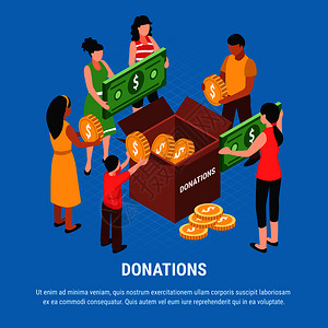 捐款倡议书捐赠广告背景,人们把硬币钞票放捐赠箱等距矢量插图捐赠等距背景插画