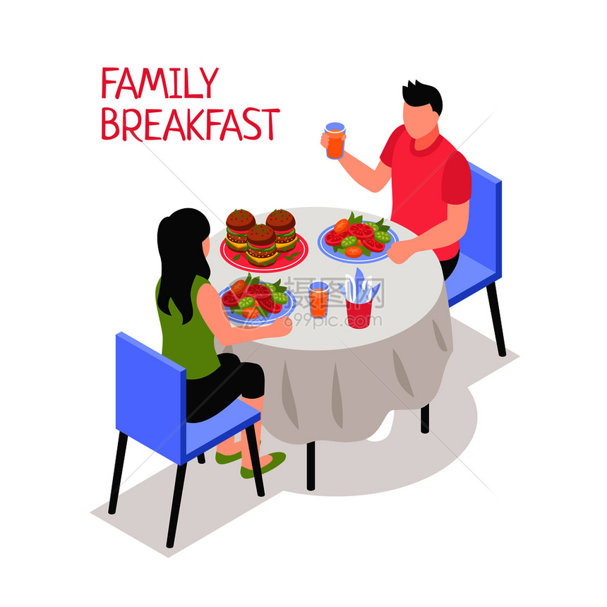 每日家庭早餐男女早餐桌子上的白色背景等距矢量插图每日家庭早餐等距插图图片