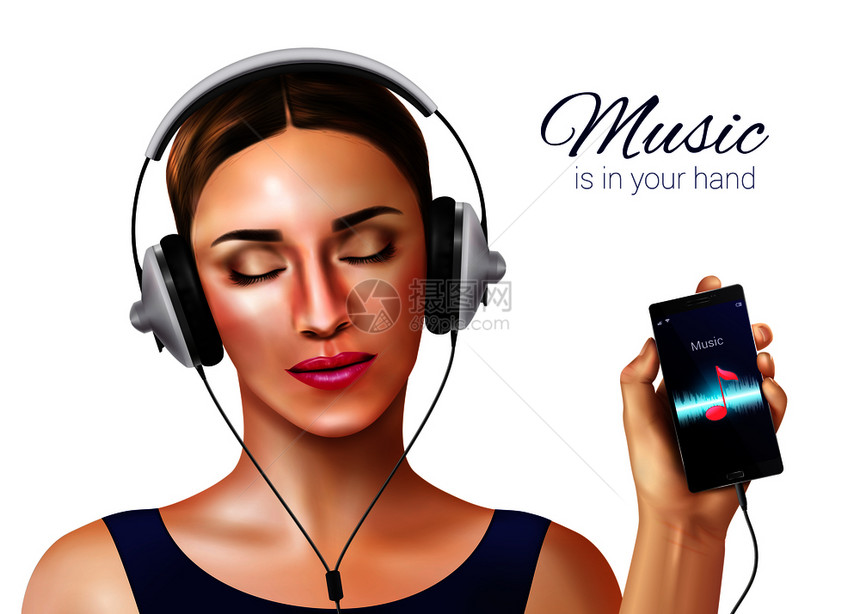 耳机现实的成与女格音乐播放器应用智能手机屏幕矢量插图图片